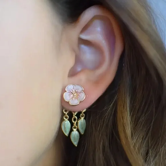 Cherry Blossom Flower with Dangle Leaves Stud Earrings - Picture 2 of 4